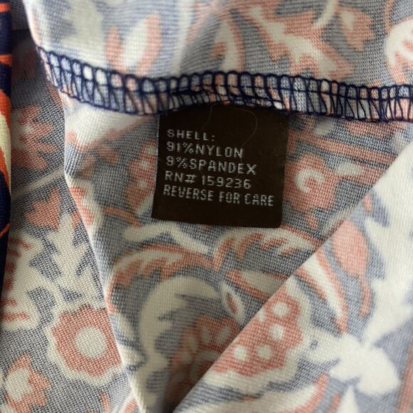 J MCLAUGHLIN Blouse Floral Ruffle V-Neck 3/4 Sleeve Stretch Womens M Blue Orange - Picture 10 of 10